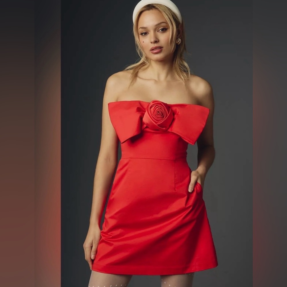 Anthropologie Strapless Red Dress with Floral Detail NWT